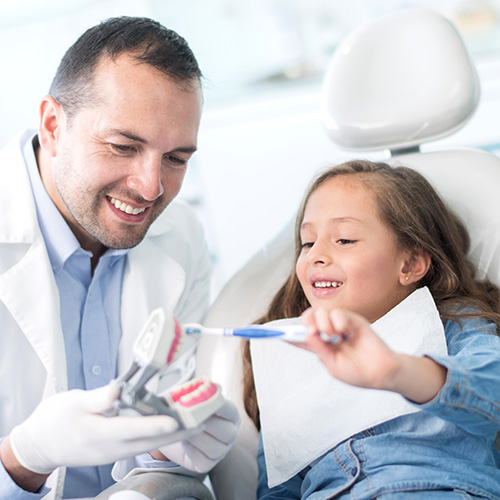 A dentist and child patient brushing a set of model teeth